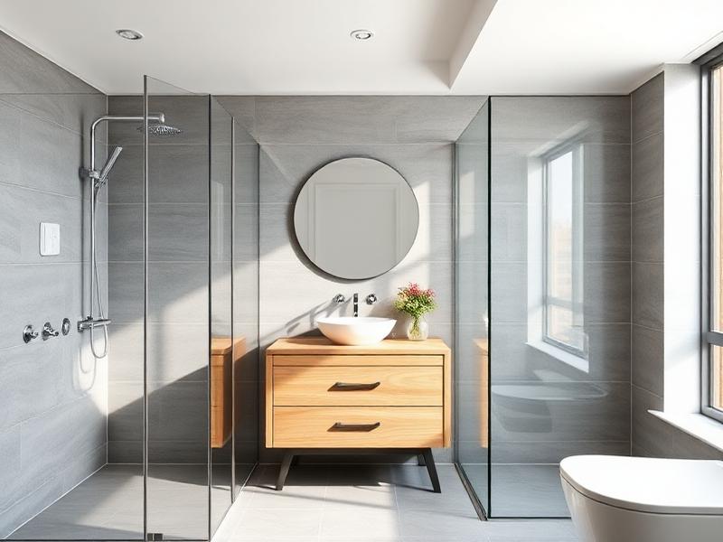 Baño reformado con ducha de obra, mampara de cristal y mueble de madera